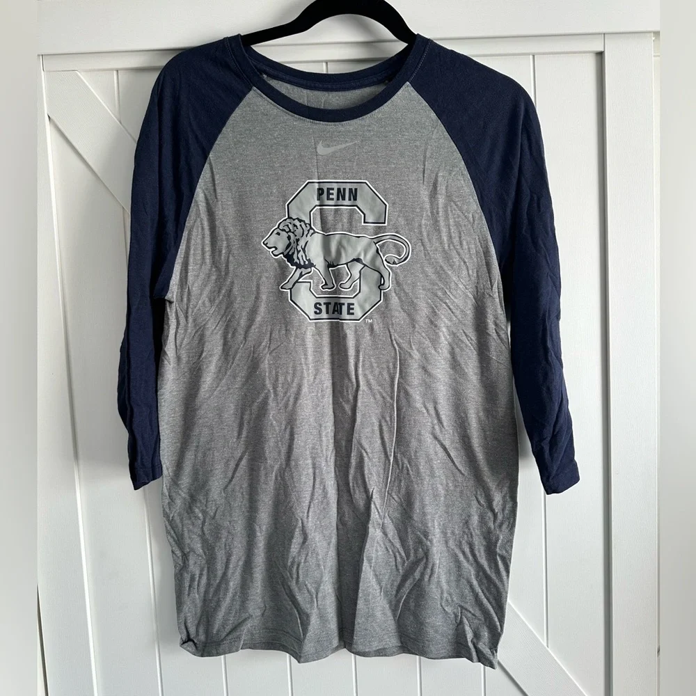 Nike Penn State Raglan Tee Mens Small Gray Navy 3/4 Sleeve NCAA Athletic Top